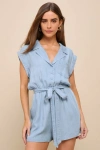 LULUS SWEET PURSUIT LIGHT WASH CHAMBRAY COLLARED ROMPER