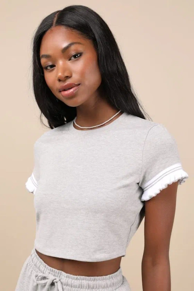 Lulus Sweet Score Heather Grey Ruffled Short Sleeve Crop Top