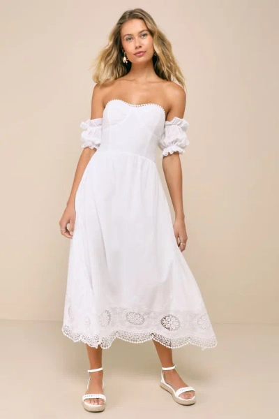 Lulus Sweet Sunlover White Embroidered Off-the-shoulder Midi Dress