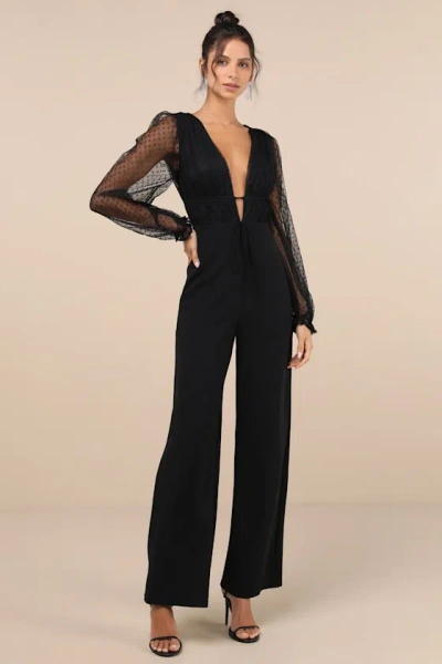 Lulus Sweet Twist Black Swiss Dot Tulle Long Sleeve Jumpsuit