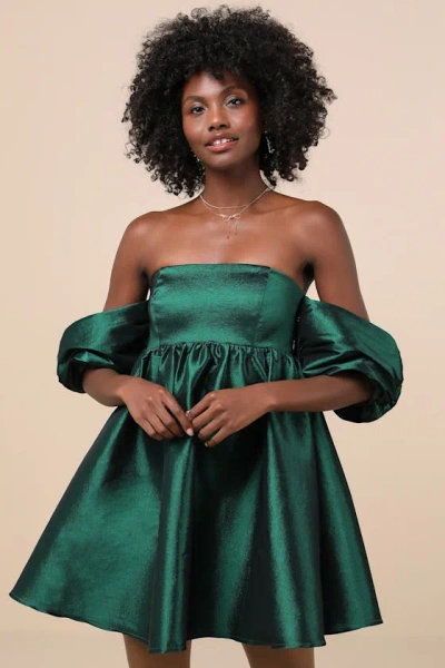 Lulus Sweet Vision Green Taffeta Off-the-shoulder Babydoll Mini Dress