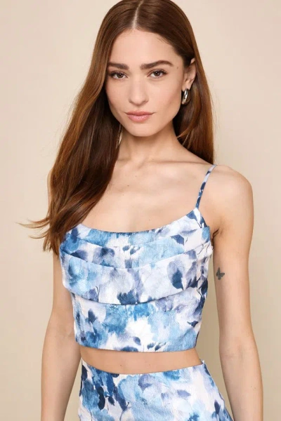 Lulus Sweet Wonder White And Blue Floral Sleeveless Pleated Crop Top