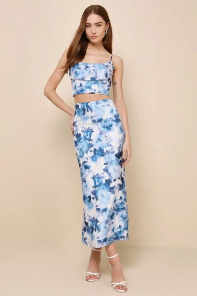 Lulus Sweet Wonder White And Blue Floral Slip Midi Skirt