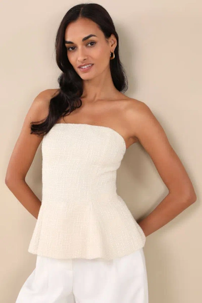 Lulus Sweetened Attitude Cream Tweed Strapless Peplum Top In White