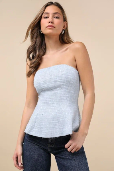 Lulus Sweetened Attitude Light Blue Tweed Strapless Peplum Top
