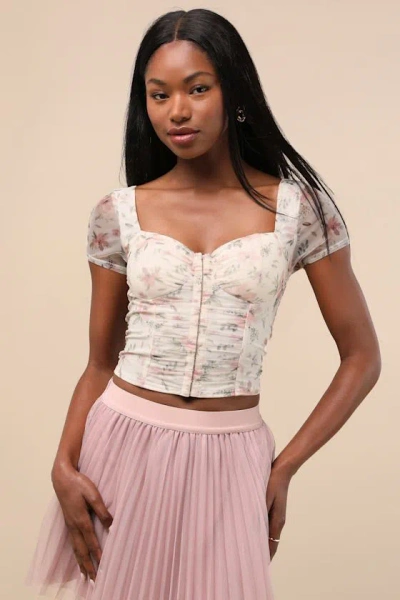 Lulus Sweeter Vibes Cream Floral Mesh Short Sleeve Bustier Crop Top