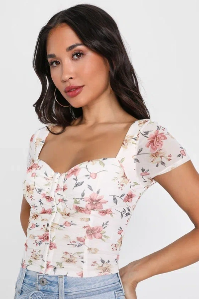 Lulus Sweeter Vibes Ivory Floral Mesh Short Sleeve Bustier Crop Top