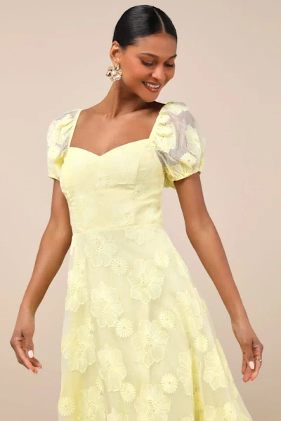 Lulus Sweetest Behavior Yellow Embroidered Puff Sleeve Midi Dress