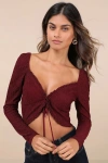 Lulus Sweetest Composure Burgundy Textured Tie-front Crop Top In Burgundy