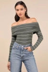 Lulus Sweetest Concept Olive Striped Off-the-shoulder Sweater Top In Green