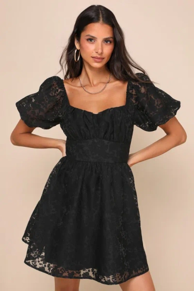 Lulus Sweetest Effect Black Floral Burnout Puff Sleeve Mini Dress