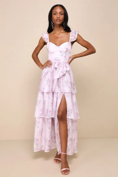 Lulus Sweetest Emotion Lilac Floral Ruffled Tiered Bustier Midi Dress