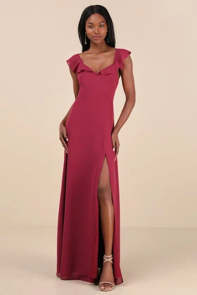 Lulus Sweetest Entrance Dark Magenta Ruffled Tie-back Maxi Dress