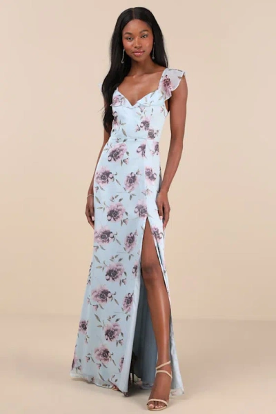 Lulus Sweetest Entrance Light Blue Floral Ruffled Tie-back Maxi Dress