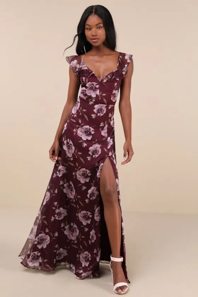 Lulus Sweetest Entrance Plum Purple Floral Ruffled Tie-back Maxi Dress
