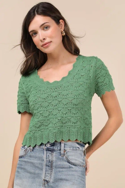 Lulus Sweetest Example Dark Green Pointelle Knit Short Sleeve Top