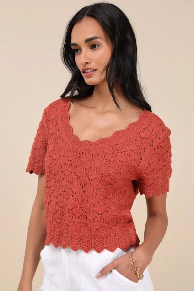 Lulus Sweetest Example Rust Orange Pointelle Knit Short Sleeve Top