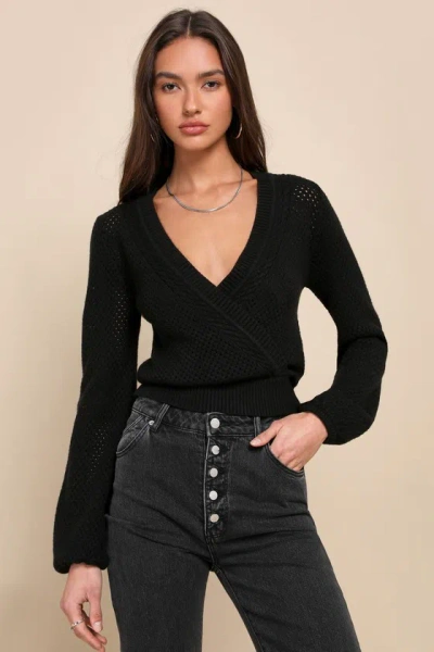 Lulus Sweetest Fashion Black Crochet Knit Surplice Sweater Top