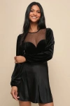 Lulus Sweetest Flirt Black Velvet Mesh Swiss Dot Long Sleeve Bodysuit In Black