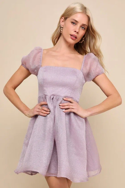 Lulus Sweetest Grace Shiny Lavender Organza Puff Sleeve Mini Dress In Purple