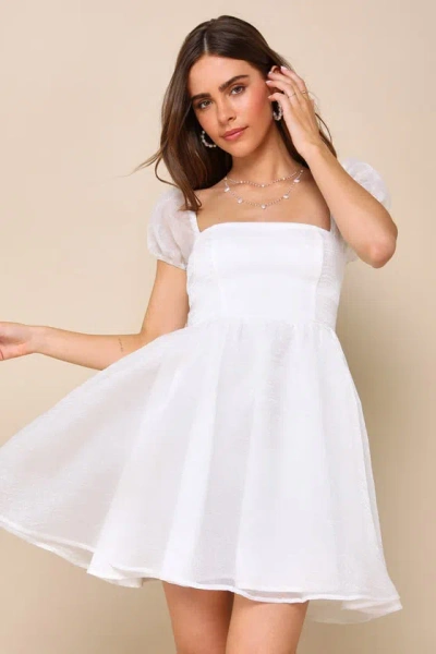 Lulus Sweetest Grace Shiny White Organza Puff Sleeve Mini Dress