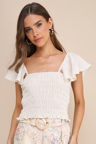 Lulus Sweetest Impact Beige Linen Flutter Sleeve Smocked Top