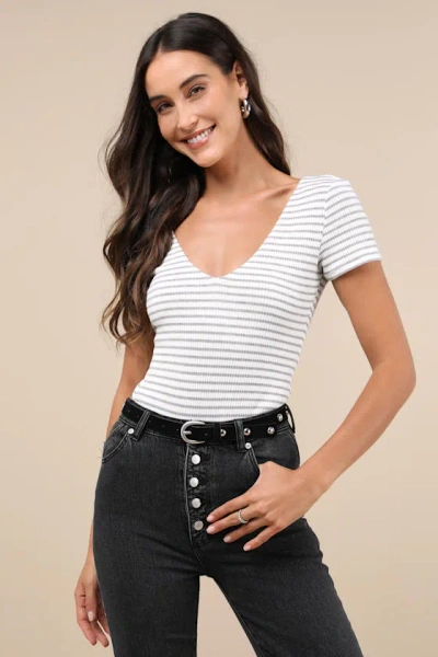 Lulus Sweetest Look White And Grey Striped Short Sleeve Bodysuit