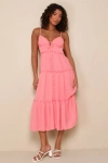 LULUS SWEETEST PERCEPTION CORAL PINK RUFFLED BUTTON-FRONT MIDI DRESS