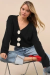 Lulus Sweetest Poise Black 3d Rosette Button-front Cardigan In Black