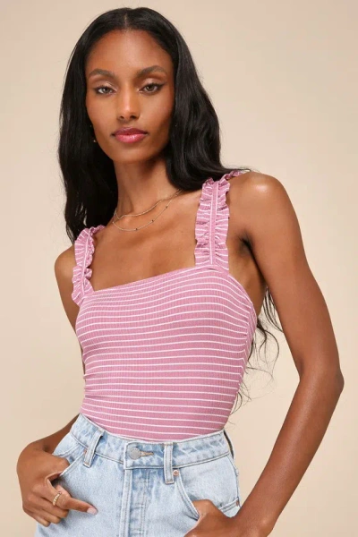 Lulus Sweetest Traits Dusty Rose Striped Ribbed Ruffled Bodysuit
