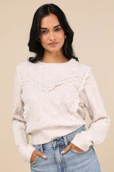 Lulus Sweetest Warmth Heather Taupe Cable Knit Lace Trim Sweater