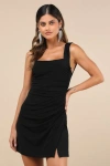 Lulus Sweetheart Glam Black Slinky Knit Tie-back Mini Dress In Black