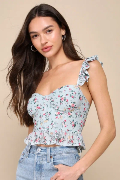 Lulus Sweetheart Vibes Mint Green Floral Mesh Ruffled Bustier Tank Top