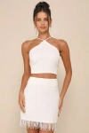 Lulus Sweetly Elite Ivory Tweed Pearl Fringe High-rise Mini Skirt In Ivory