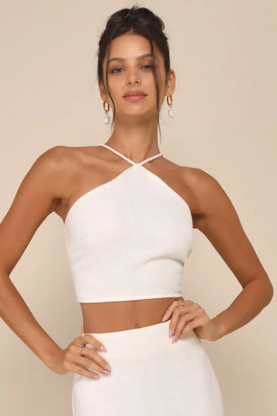 Lulus Sweetly Elite Ivory Tweed Sleeveless Halter Crop Top