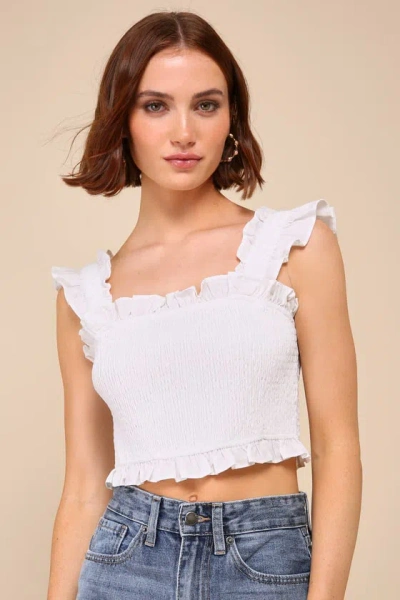 Lulus Sweetly Flirtatious Ivory Smocked Cropped Ruffled Tie-strap Top