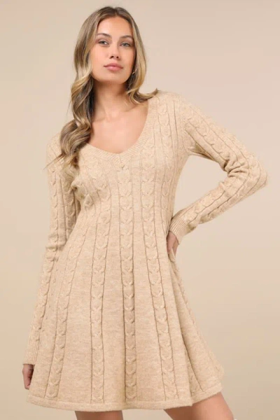 Lulus Sweetly Seasonal Beige Cable Knit Sweater Mini Dress