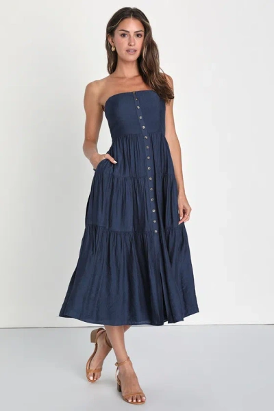Lulus Sweetness And Sunshine Navy Strapless Midi Dress With Pockets