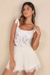 Lulus Tailored Poise Cream Pleated Lace Trim High-waisted Shorts In White