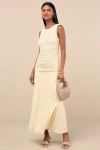 Lulus Tamber Light Yellow Jersey Knit Drop Waist Midi Dress In Light Yellow