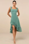 Lulus Tamryn Dark Sage Asymmetrical Ruffled Midi Dress In Green