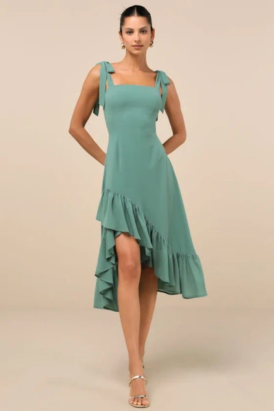 Lulus Tamryn Dark Sage Asymmetrical Ruffled Midi Dress In Green