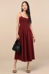 Lulus Tandria Burgundy Smocked Sleeveless Midi Dress In Purple