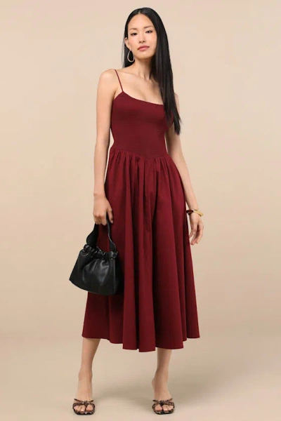 Lulus Tandria Burgundy Smocked Sleeveless Midi Dress