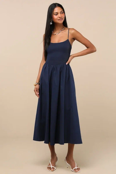 Lulus Tandria Navy Smocked Sleeveless Midi Dress