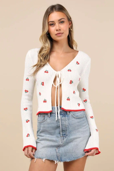 Lulus Tanvi Ivory Floral Embroidered Ribbed Tie-front Cardigan