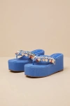 Lulus Tassilo Denim Embellished Flatform Thong Sandals In Blue