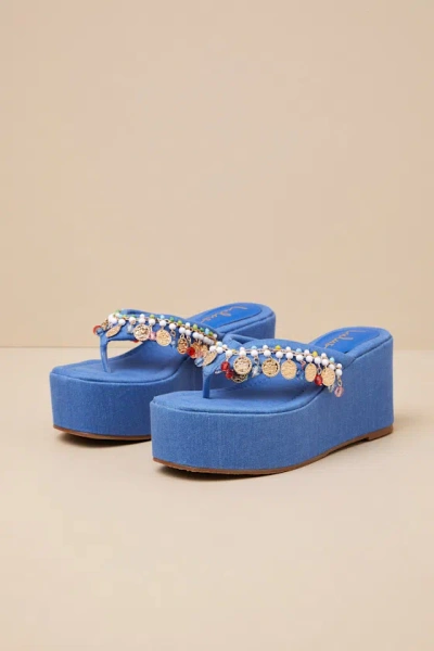 Lulus Tassilo Denim Embellished Flatform Thong Sandals In Blue