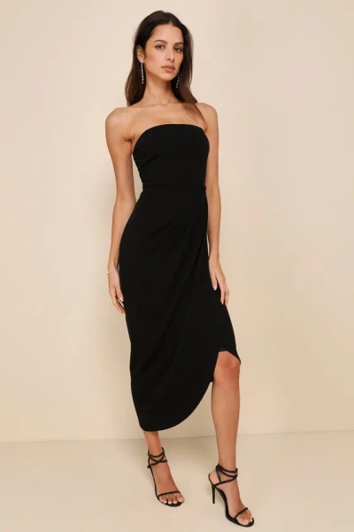 Lulus Tasteful Elegance Black Pleated Strapless Tulip Midi Dress