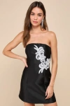 LULUS TASTEFUL PRESENCE BLACK TAFFETA FLORAL EMBROIDERED MINI DRESS